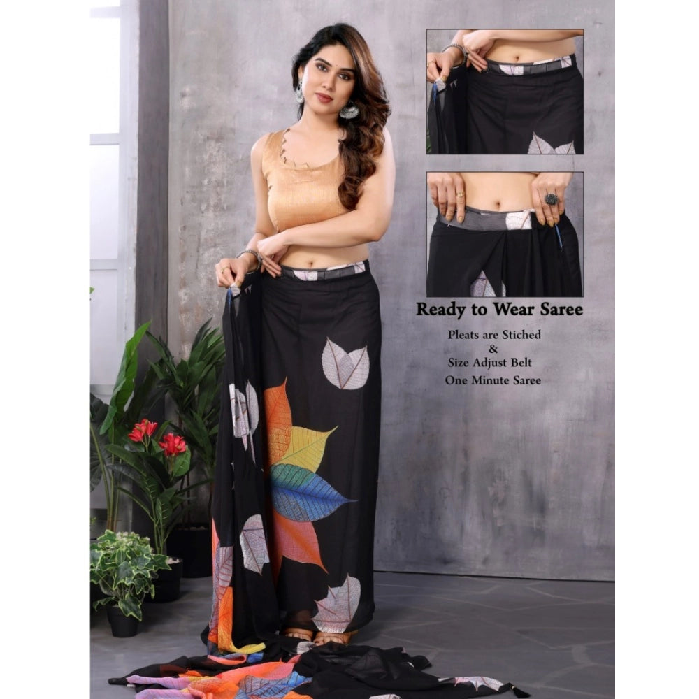 Snuggle Spot Women's Small Lace Georgette Printed Ready-to-Wear Saree With Unstitched Blouse 5.5 Mtr (Black)