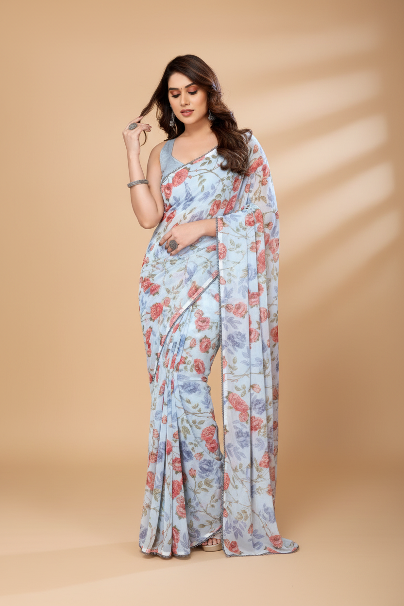 Snuggle Spot Women's Small Lace Georgette Printed Ready-to-Wear Saree With Unstitched Blouse 5.5 Mtr (Sky Blue)