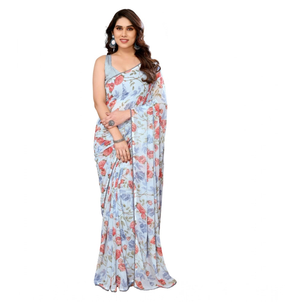 Snuggle Spot Women's Small Lace Georgette Printed Ready-to-Wear Saree With Unstitched Blouse 5.5 Mtr (Sky Blue)