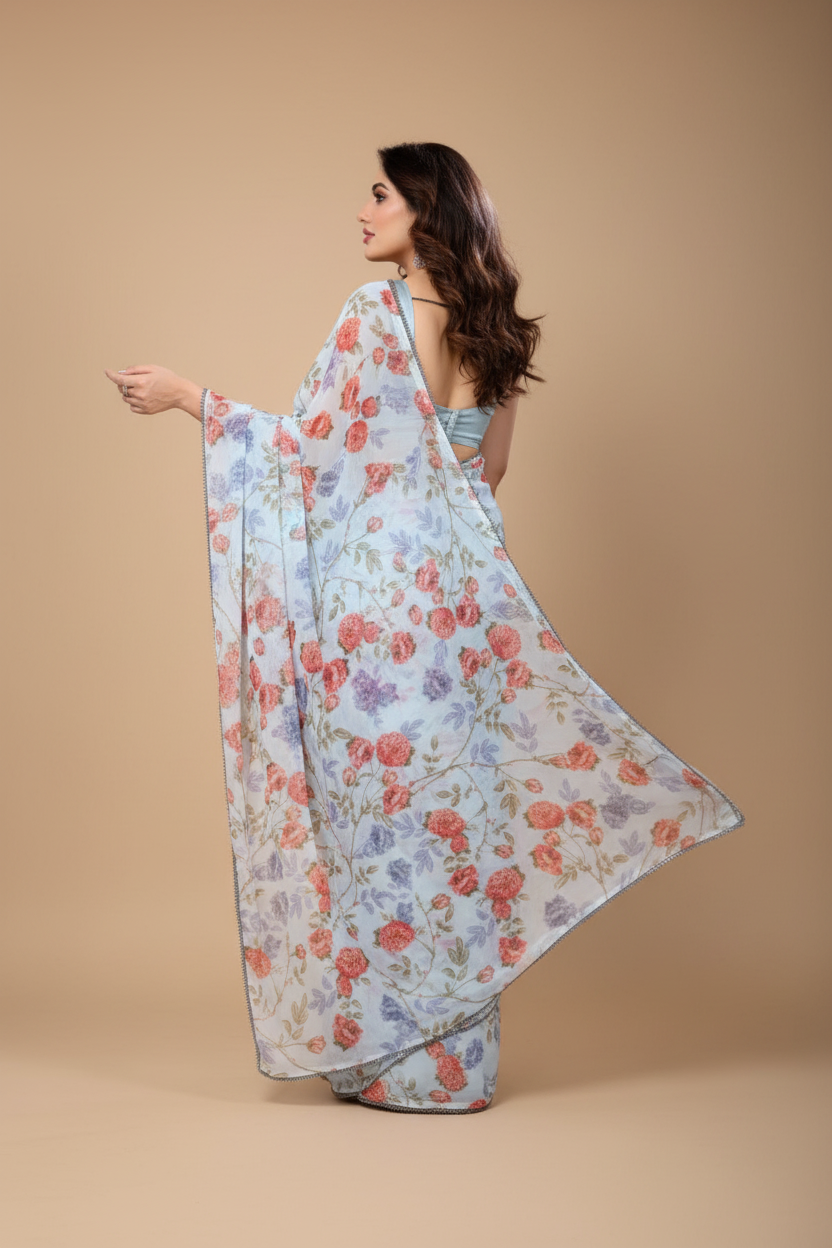 Snuggle Spot Women's Small Lace Georgette Printed Ready-to-Wear Saree With Unstitched Blouse 5.5 Mtr (Sky Blue)
