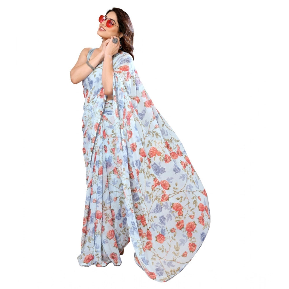 Snuggle Spot Women's Small Lace Georgette Printed Ready-to-Wear Saree With Unstitched Blouse 5.5 Mtr (Sky Blue)