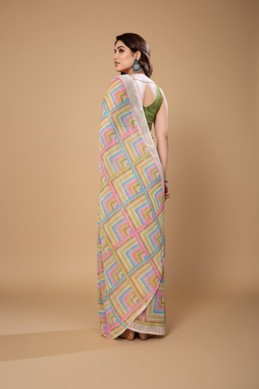 Snuggle Spot Women's Small Lace Georgette Printed Ready-to-Wear Saree With Unstitched Blouse 5.5 Mtr (Green)