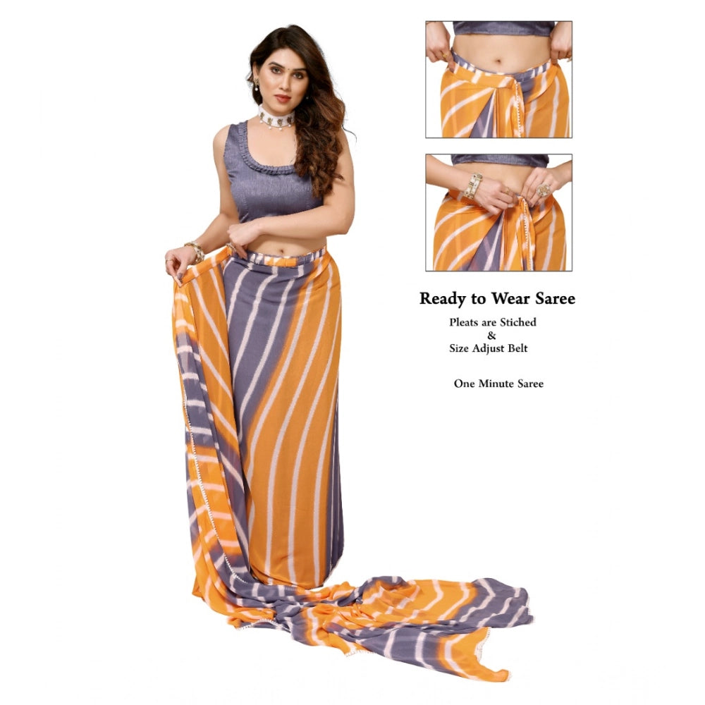 Snuggle Spot Women's Small Lace Georgette Striped Ready-to-Wear Saree With Unstitched Blouse 5.5 Mtr (Orange-Grey)