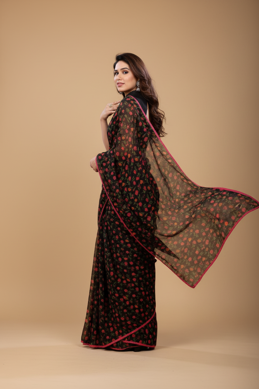 Snuggle Spot Women's Small Lace Georgette Printed Ready-to-Wear Saree With Unstitched Blouse 5.5 Mtr (Black)