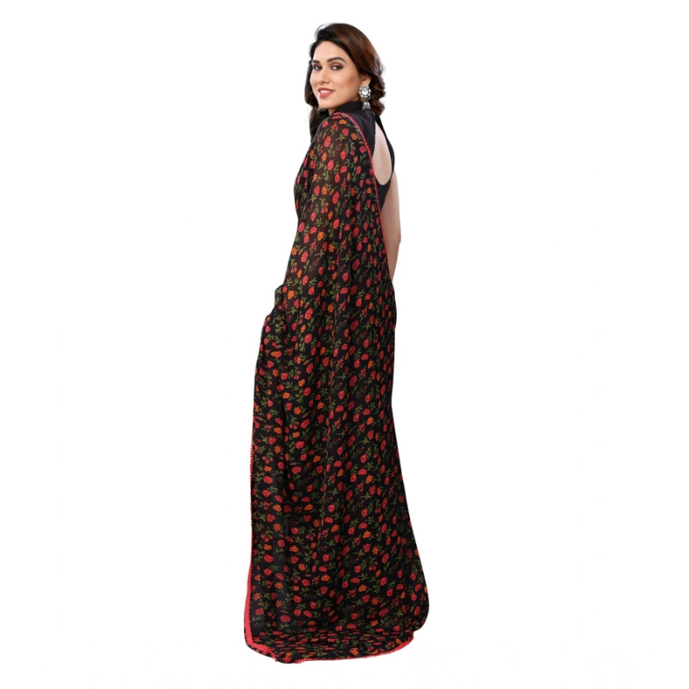 Snuggle Spot Women's Small Lace Georgette Printed Ready-to-Wear Saree With Unstitched Blouse 5.5 Mtr (Black)