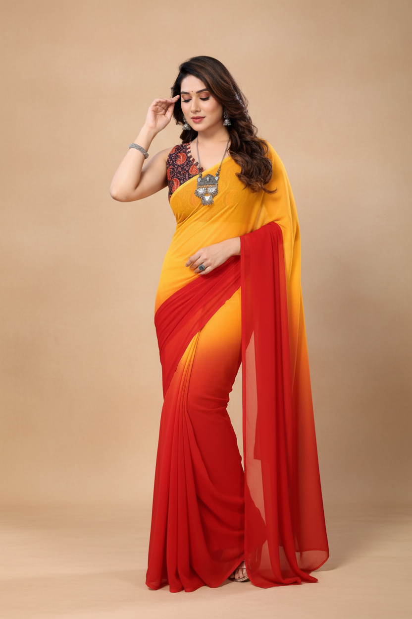 Snuggle Spot Women's Small Lace Georgette Solid Ready-to-Wear Saree With Unstitched Blouse 5.5 Mtr (Red-Orange)