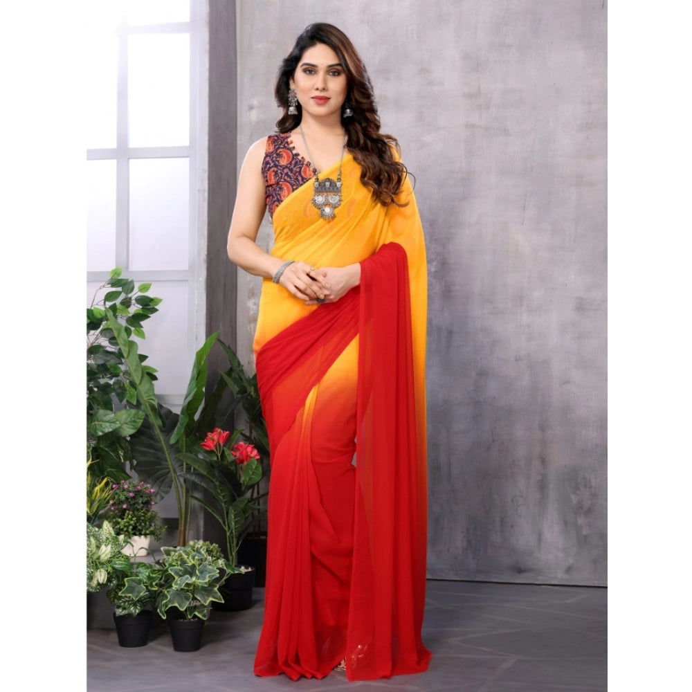 Snuggle Spot Women's Small Lace Georgette Solid Ready-to-Wear Saree With Unstitched Blouse 5.5 Mtr (Red-Orange)