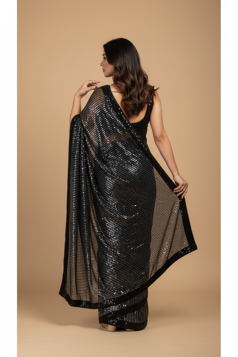 Snuggle Spot Women's Georgette Embellished Sequnece Bollywood Saree With Unstitched Blouse 5.5Mtr (Black)