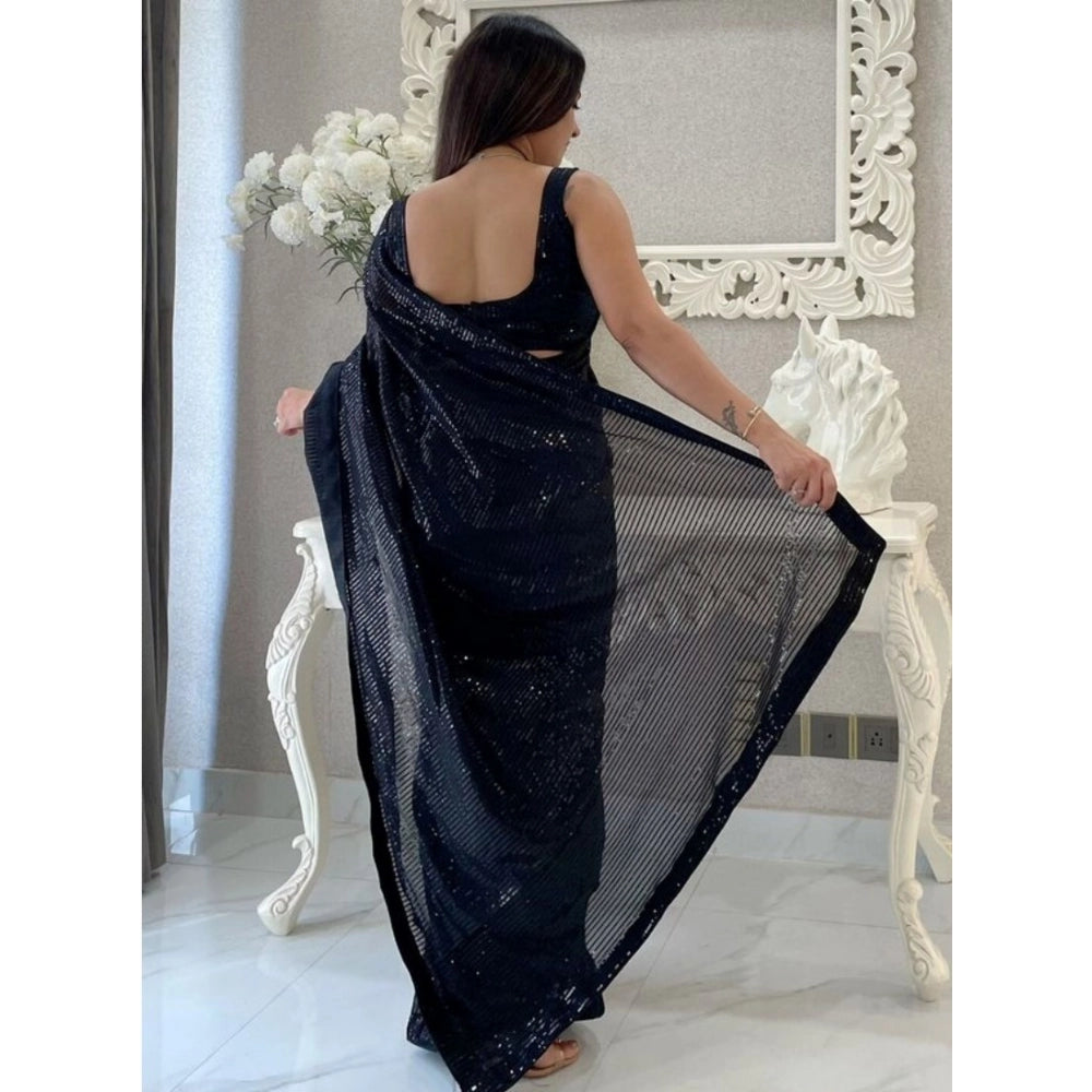 Snuggle Spot Women's Georgette Embellished Sequnece Bollywood Saree With Unstitched Blouse 5.5Mtr (Black)