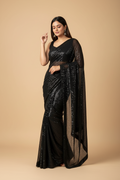 Snuggle Spot Women's Georgette Embellished Sequnece Bollywood Saree With Unstitched Blouse 5.5Mtr (Black)