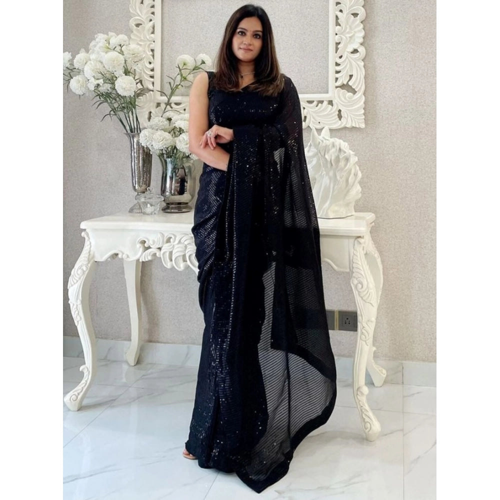 Snuggle Spot Women's Georgette Embellished Sequnece Bollywood Saree With Unstitched Blouse 5.5Mtr (Black)