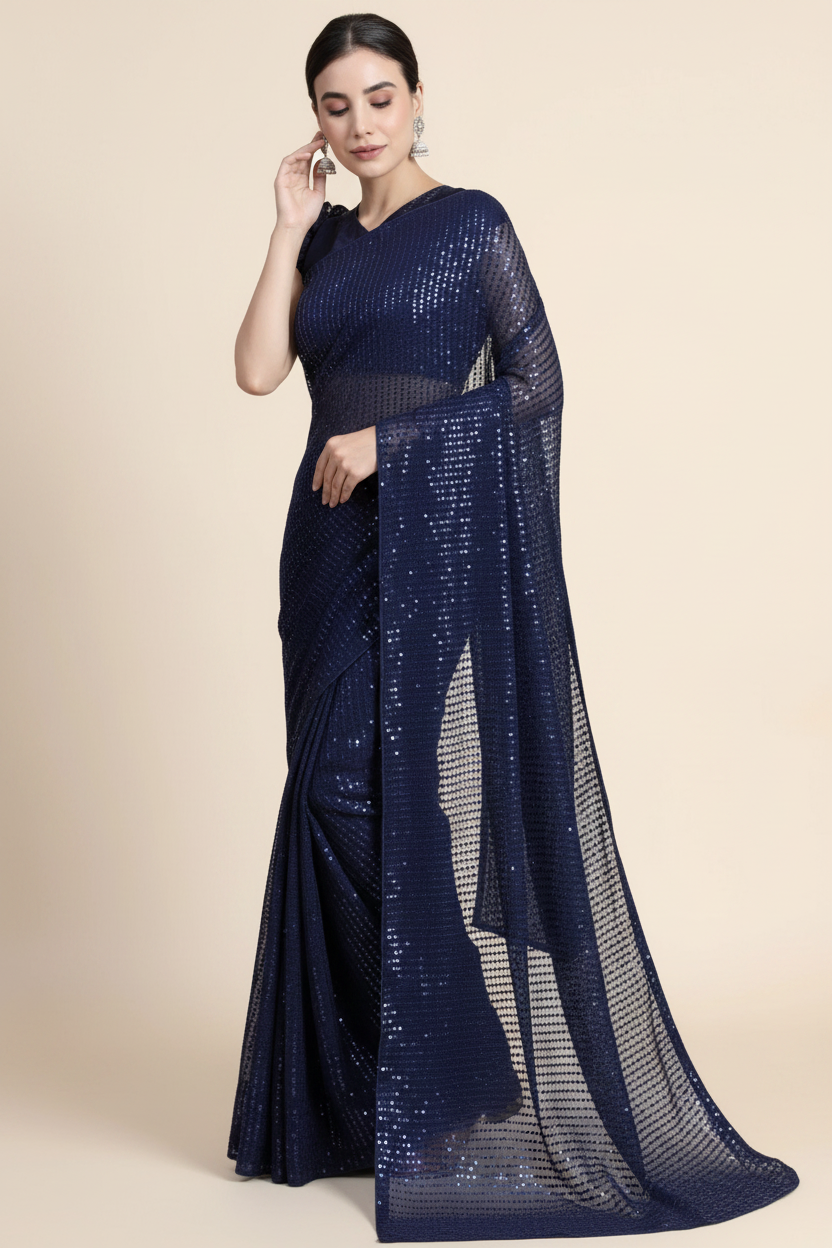 Snuggle Spot Women's Georgette Embellished Sequnece Bollywood Saree With Unstitched Blouse 5.5Mtr (Blue)