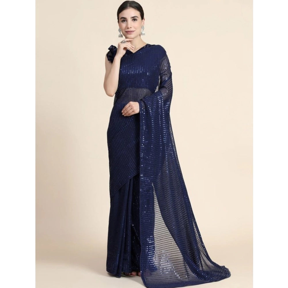 Snuggle Spot Women's Georgette Embellished Sequnece Bollywood Saree With Unstitched Blouse 5.5Mtr (Blue)