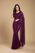 Snuggle Spot Women's Georgette Embellished Sequnece Bollywood Saree With Unstitched Blouse 5.5Mtr (Purple)
