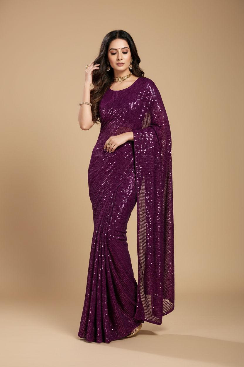 Snuggle Spot Women's Georgette Embellished Sequnece Bollywood Saree With Unstitched Blouse 5.5Mtr (Purple)