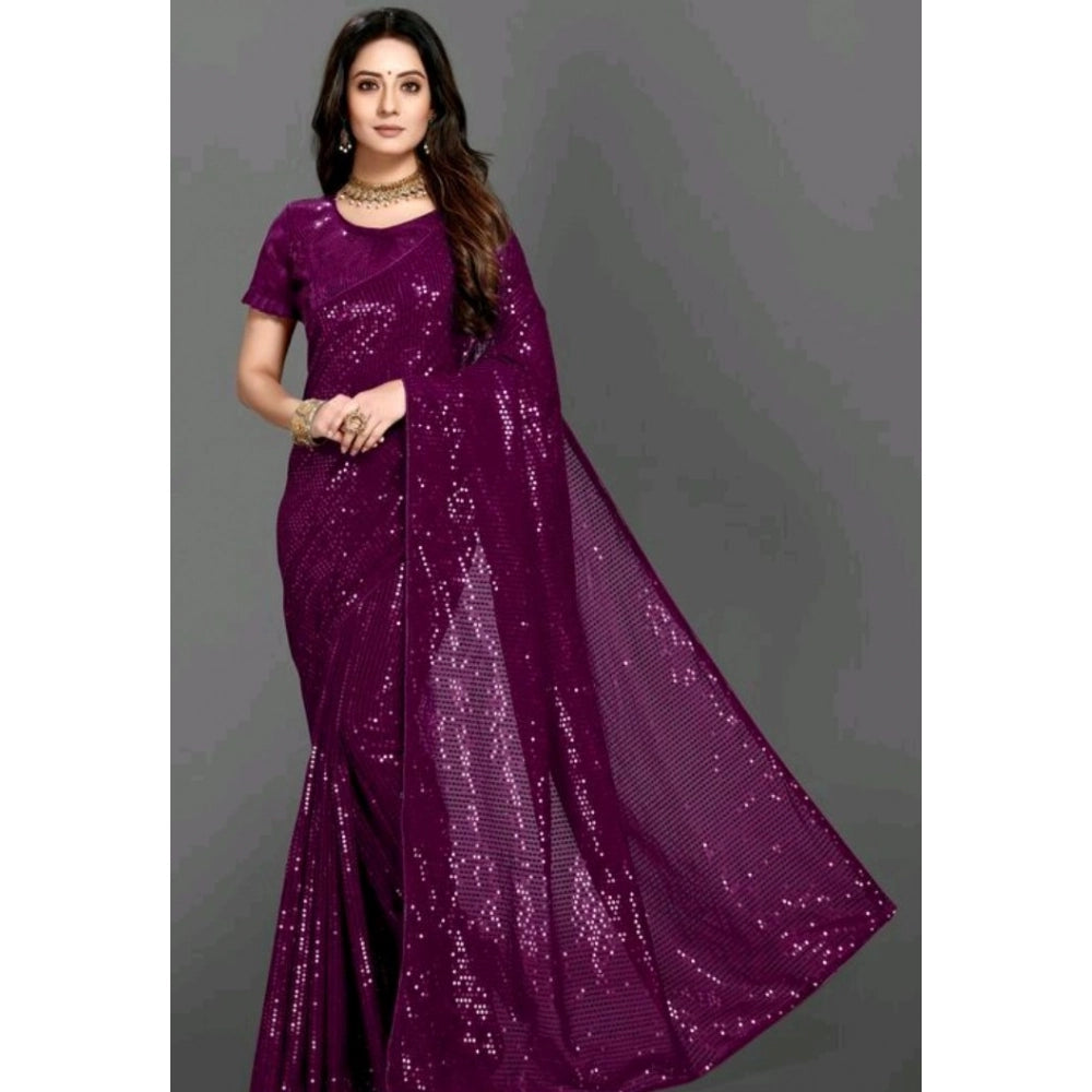 Snuggle Spot Women's Georgette Embellished Sequnece Bollywood Saree With Unstitched Blouse 5.5Mtr (Purple)