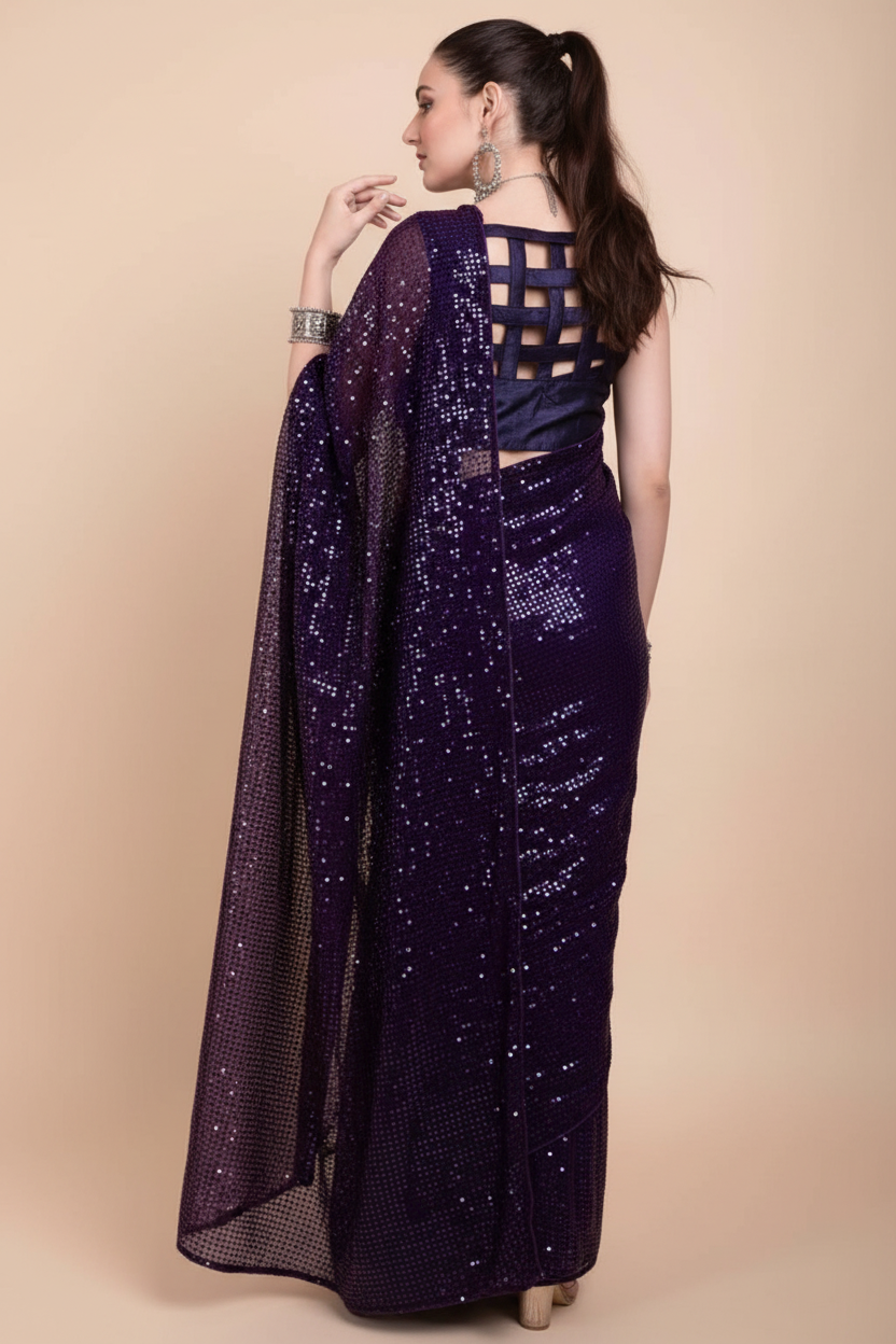 Snuggle Spot Women's Georgette Embellished Sequnece Bollywood Saree With Unstitched Blouse 5.5Mtr (Purple)