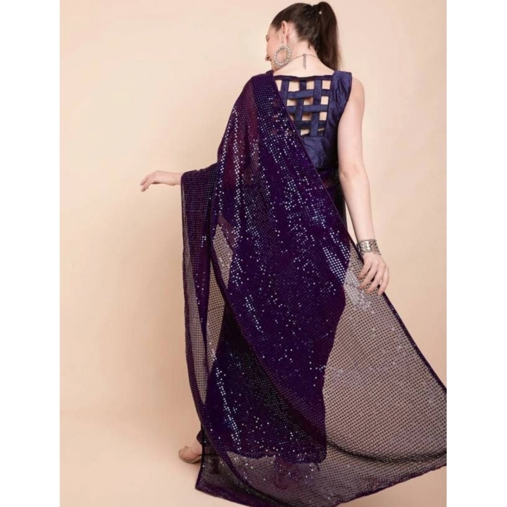 Snuggle Spot Women's Georgette Embellished Sequnece Bollywood Saree With Unstitched Blouse 5.5Mtr (Purple)