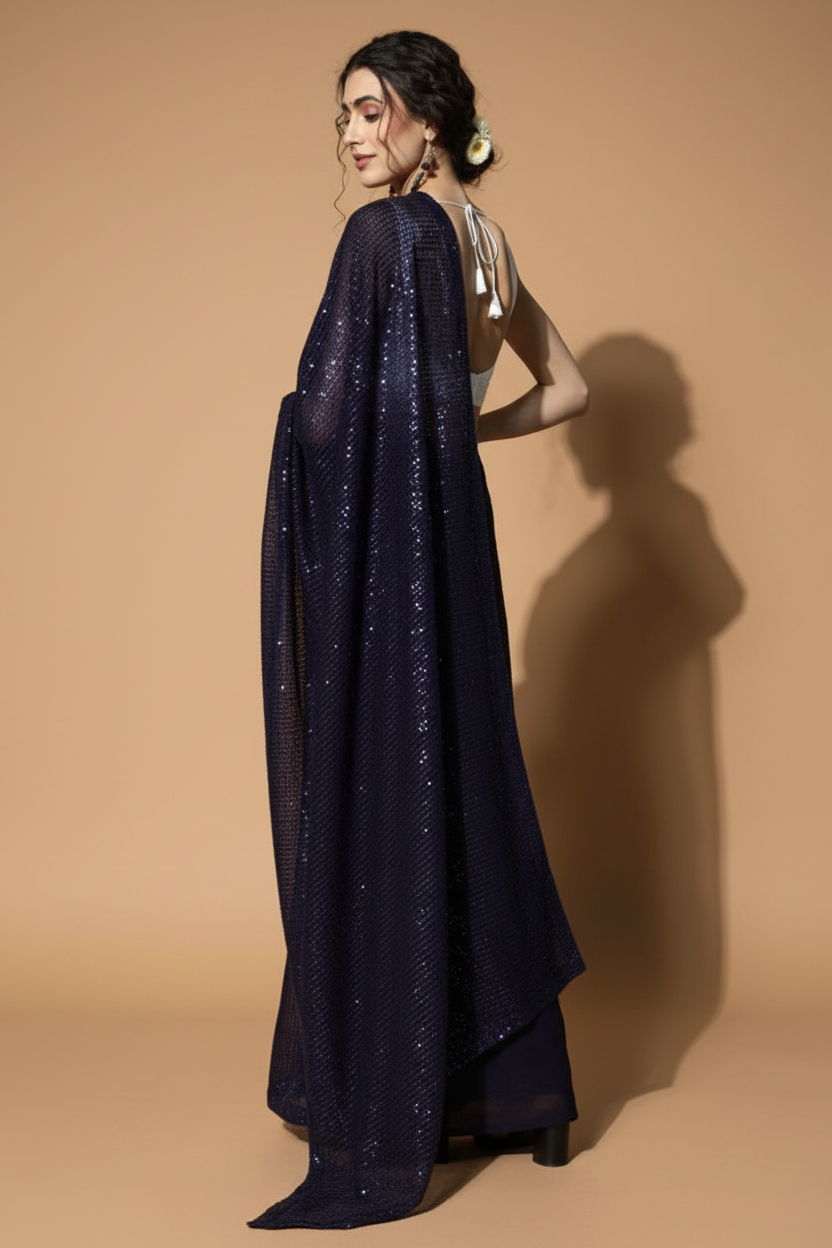 Snuggle Spot Women's Georgette Embellished Sequnece Bollywood Saree With Unstitched Blouse 5.5Mtr (Blue)