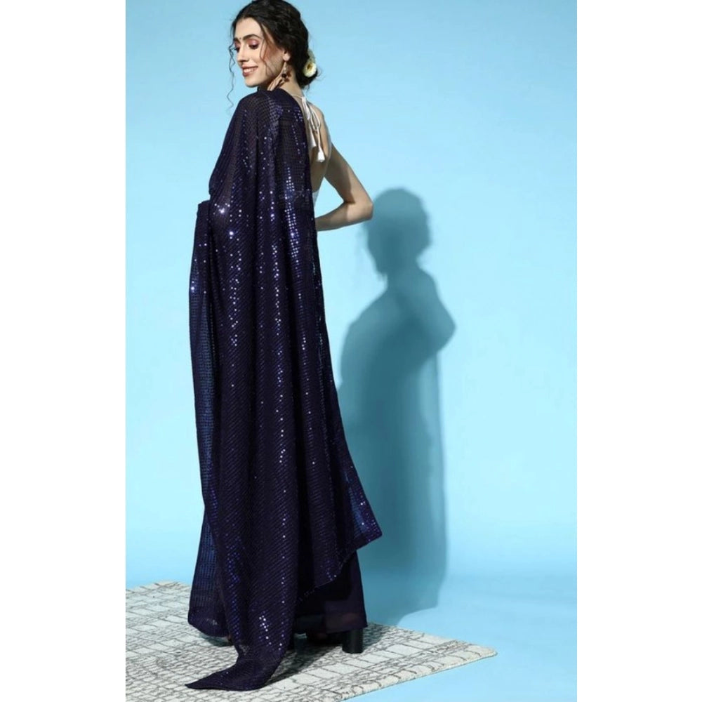 Snuggle Spot Women's Georgette Embellished Sequnece Bollywood Saree With Unstitched Blouse 5.5Mtr (Blue)