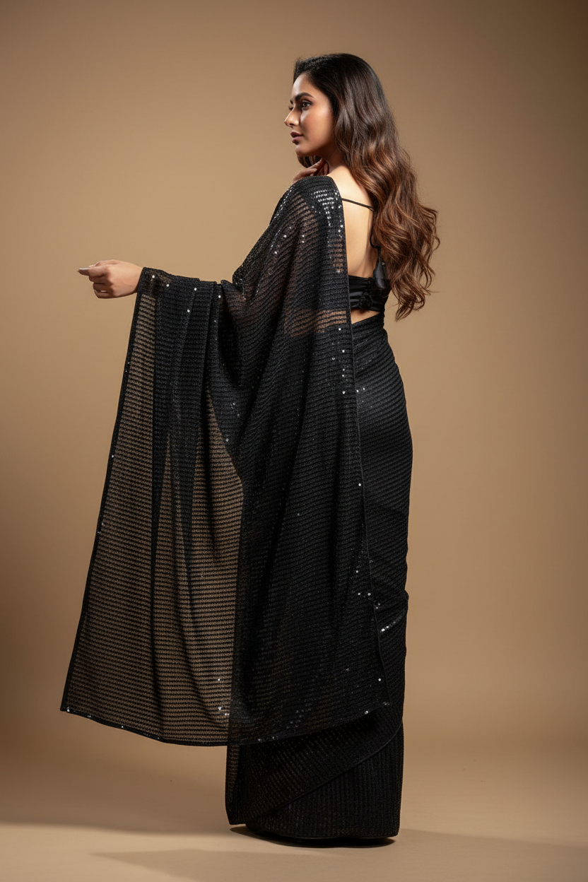 Snuggle Spot Women's Georgette Embellished Sequnece Bollywood Saree With Unstitched Blouse 5.5Mtr (Black)