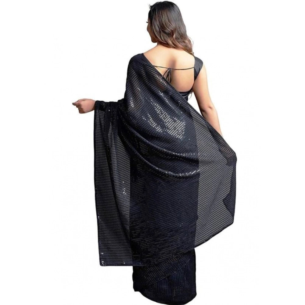 Snuggle Spot Women's Georgette Embellished Sequnece Bollywood Saree With Unstitched Blouse 5.5Mtr (Black)