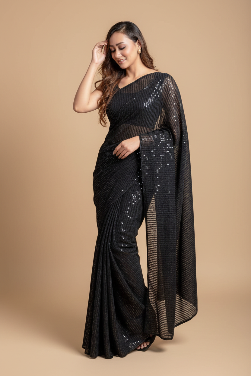 Snuggle Spot Women's Georgette Embellished Sequnece Bollywood Saree With Unstitched Blouse 5.5Mtr (Black)
