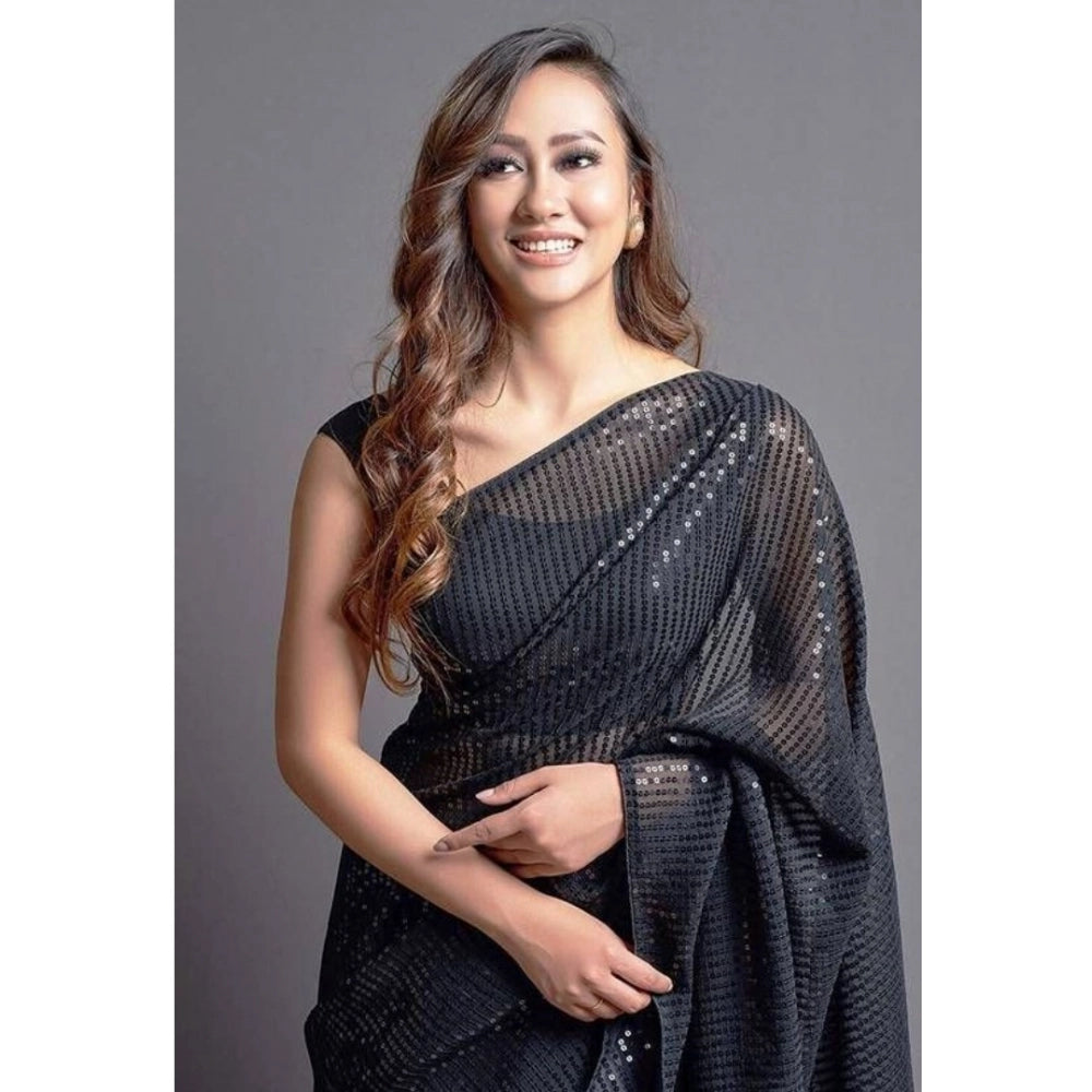 Snuggle Spot Women's Georgette Embellished Sequnece Bollywood Saree With Unstitched Blouse 5.5Mtr (Black)