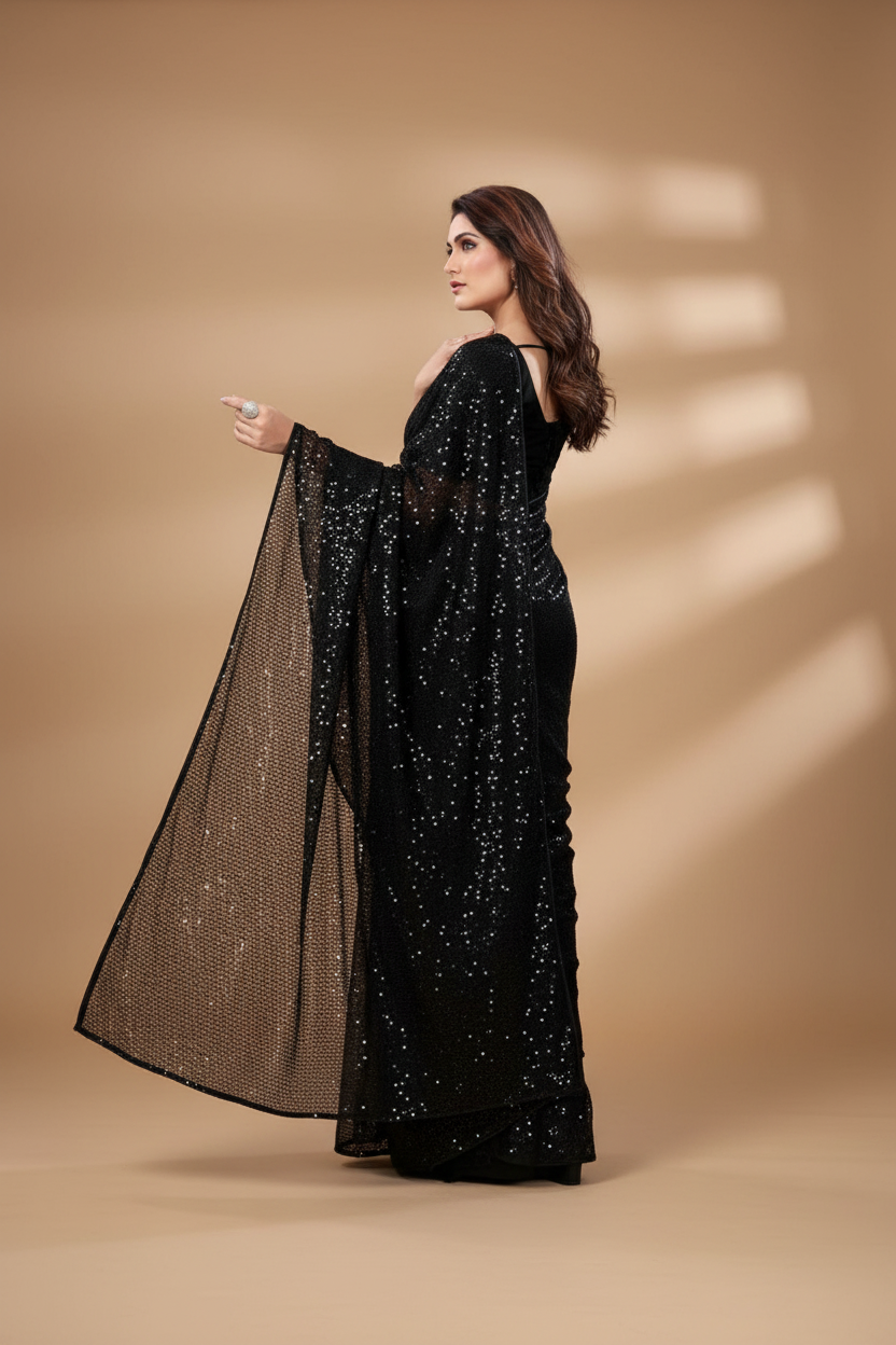 Snuggle Spot Women's Georgette Embellished Sequnece Bollywood Saree With Unstitched Blouse 5.5Mtr (Black)