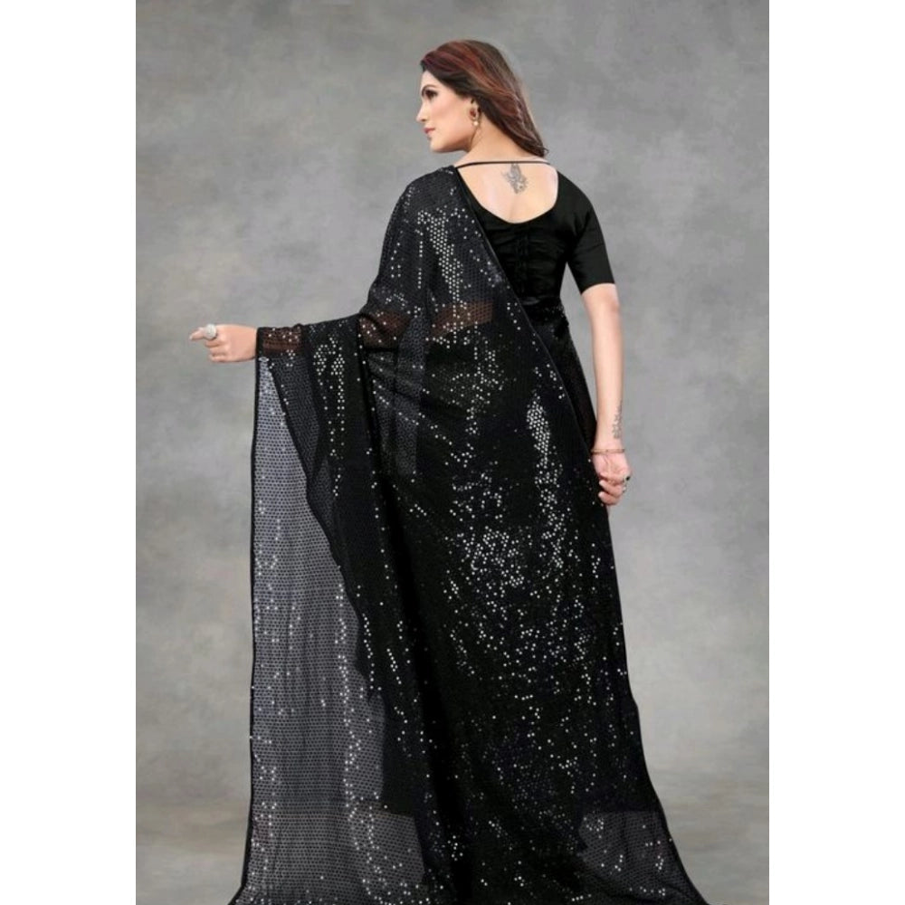 Snuggle Spot Women's Georgette Embellished Sequnece Bollywood Saree With Unstitched Blouse 5.5Mtr (Black)