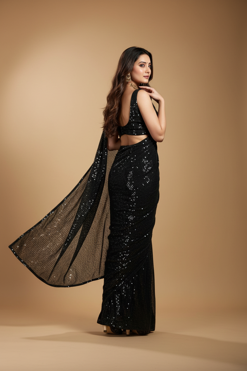 Snuggle Spot Women's Georgette Embellished Sequnece Bollywood Saree With Unstitched Blouse 5.5Mtr (Black)