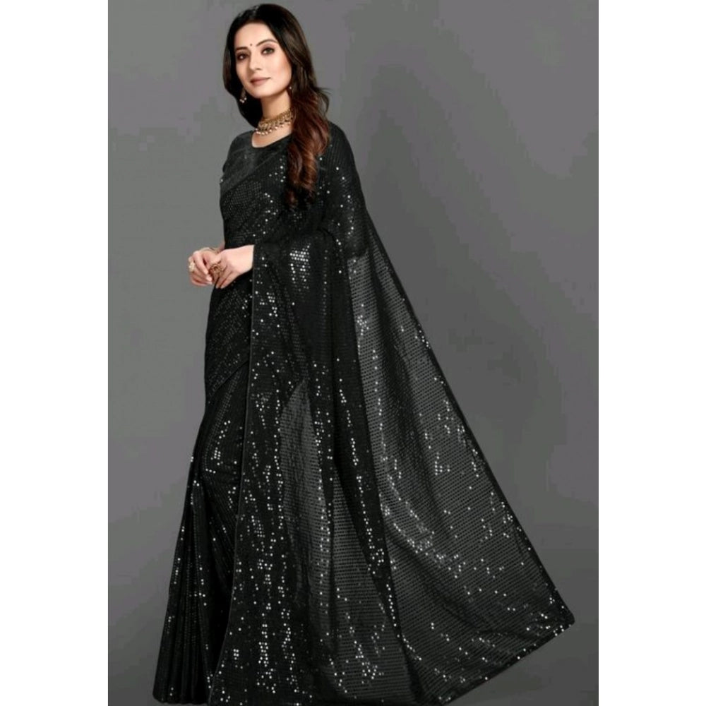 Snuggle Spot Women's Georgette Embellished Sequnece Bollywood Saree With Unstitched Blouse 5.5Mtr (Black)