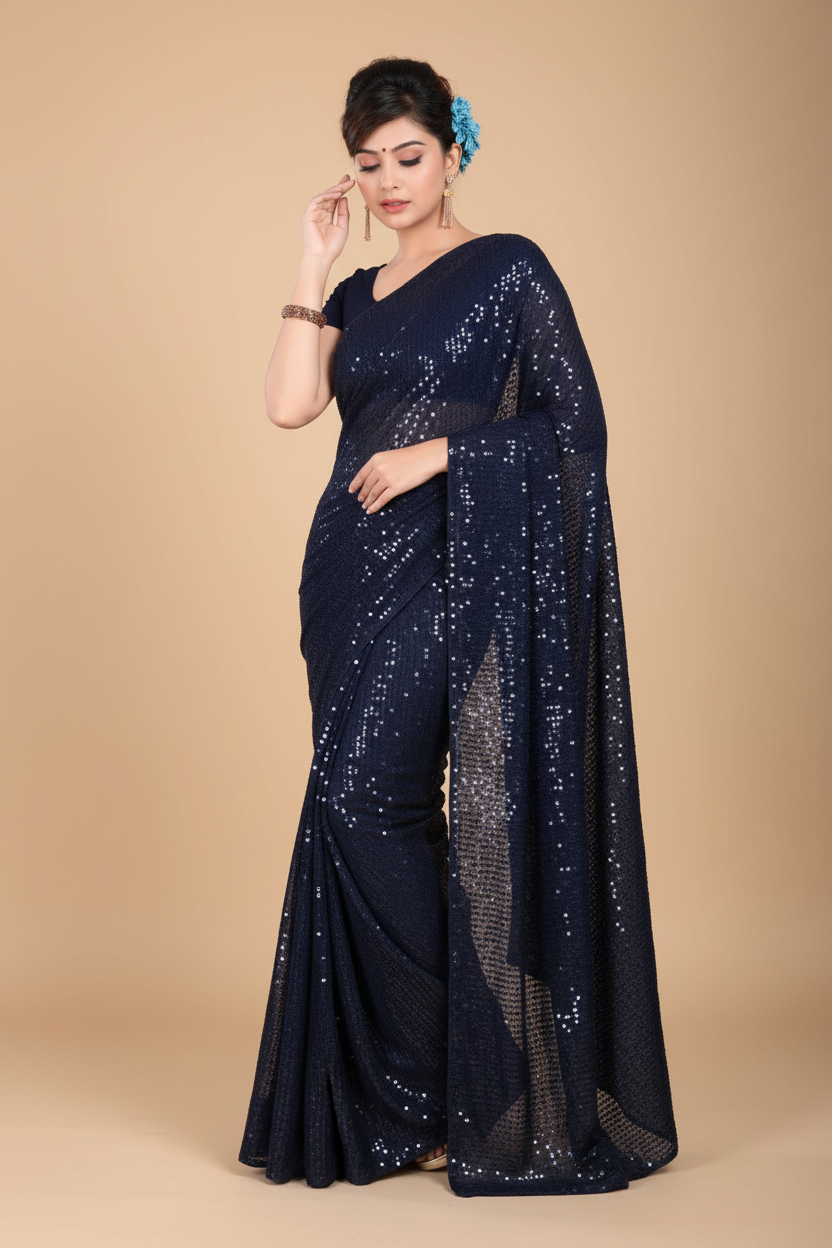 Snuggle Spot Women's Georgette Embellished Sequnece Bollywood Saree With Unstitched Blouse 5.5Mtr (Blue)