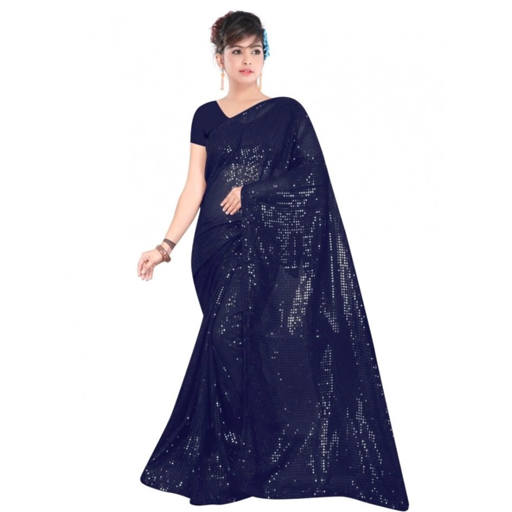 Snuggle Spot Women's Georgette Embellished Sequnece Bollywood Saree With Unstitched Blouse 5.5Mtr (Blue)