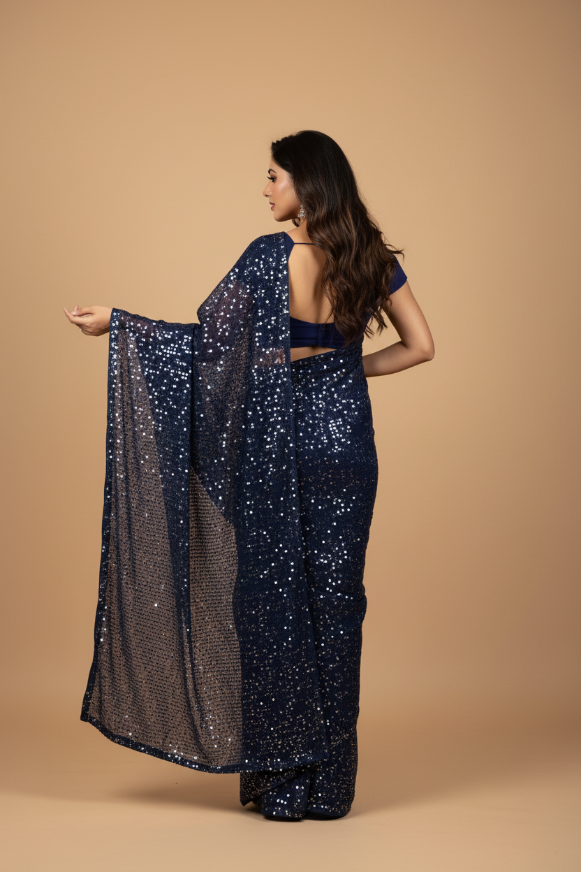Snuggle Spot Women's Georgette Embellished Sequnece Bollywood Saree With Unstitched Blouse 5.5Mtr (Blue)