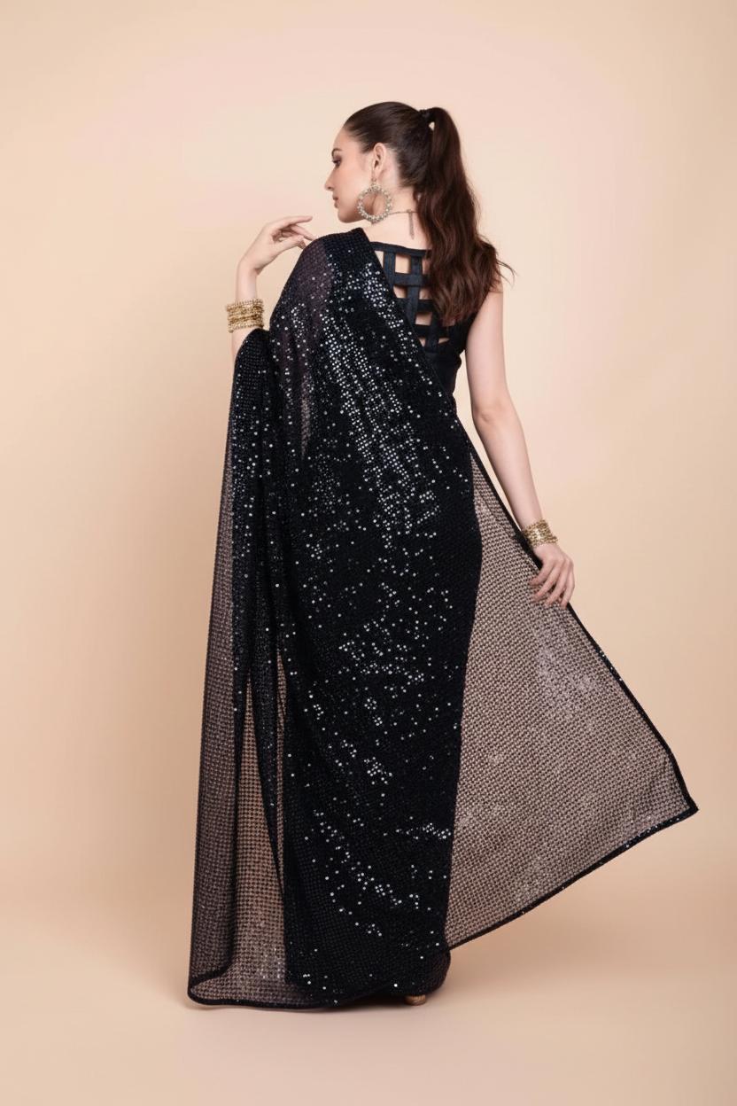 Snuggle Spot Women's Georgette Embellished Sequnece Bollywood Saree With Unstitched Blouse 5.5Mtr (Black)