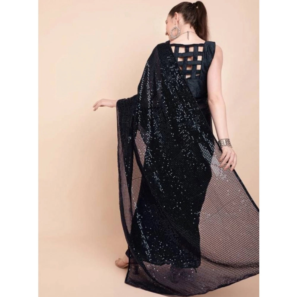 Snuggle Spot Women's Georgette Embellished Sequnece Bollywood Saree With Unstitched Blouse 5.5Mtr (Black)