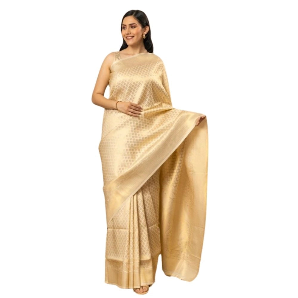 Snuggle Spot Women's Silk Printed Saree With Unstitched Blouse 5.5Mtr (Gold)