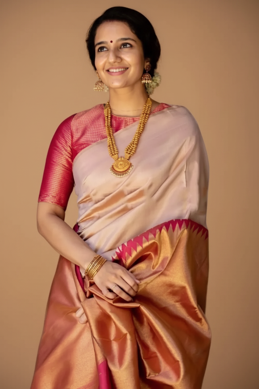 Snuggle Spot Women's Silk Printed Saree With Unstitched Blouse 5.5Mtr (Cream)
