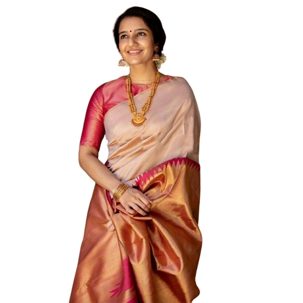 Snuggle Spot Women's Silk Printed Saree With Unstitched Blouse 5.5Mtr (Cream)