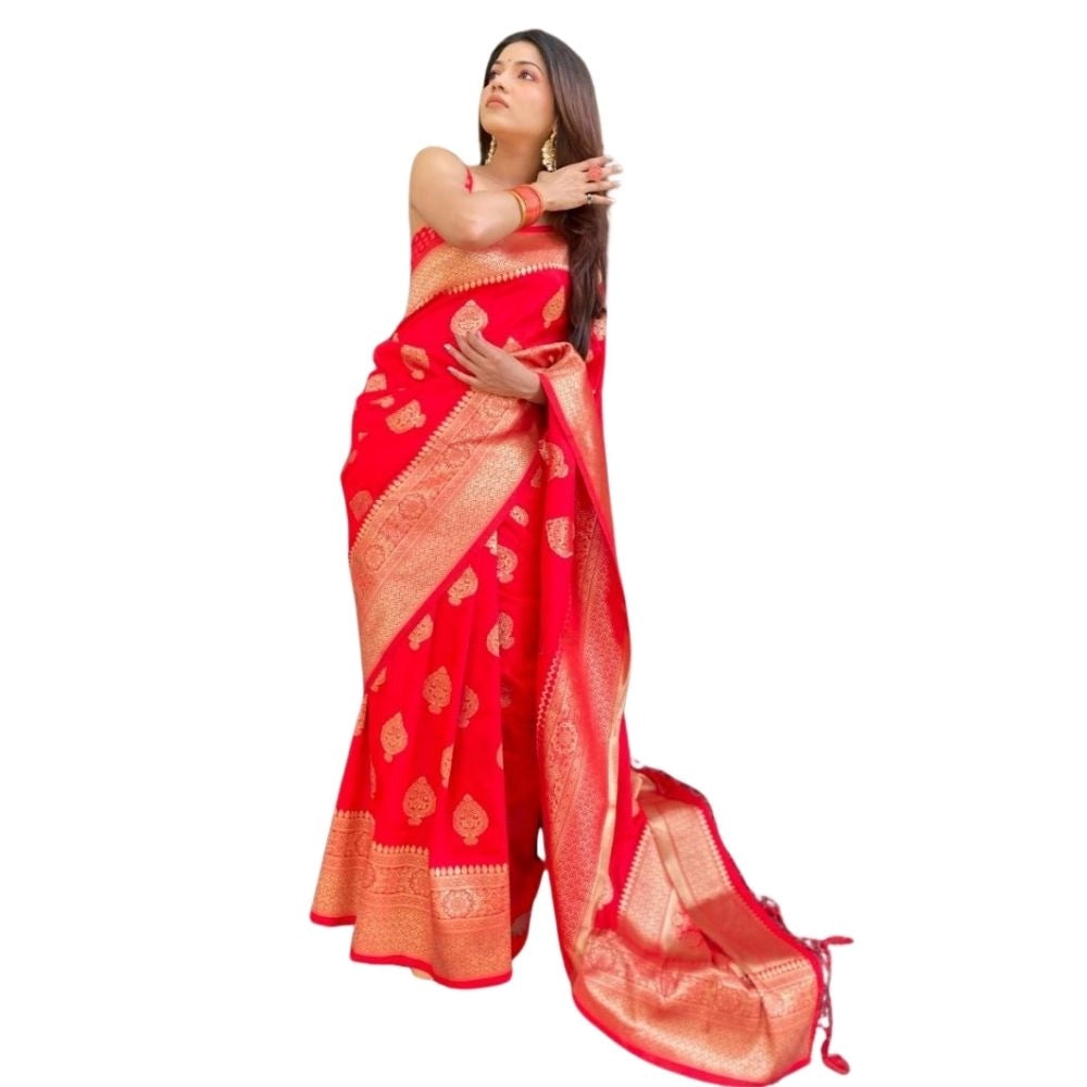 Snuggle Spot Women's Silk Printed Saree With Unstitched Blouse 5.5Mtr (Red)