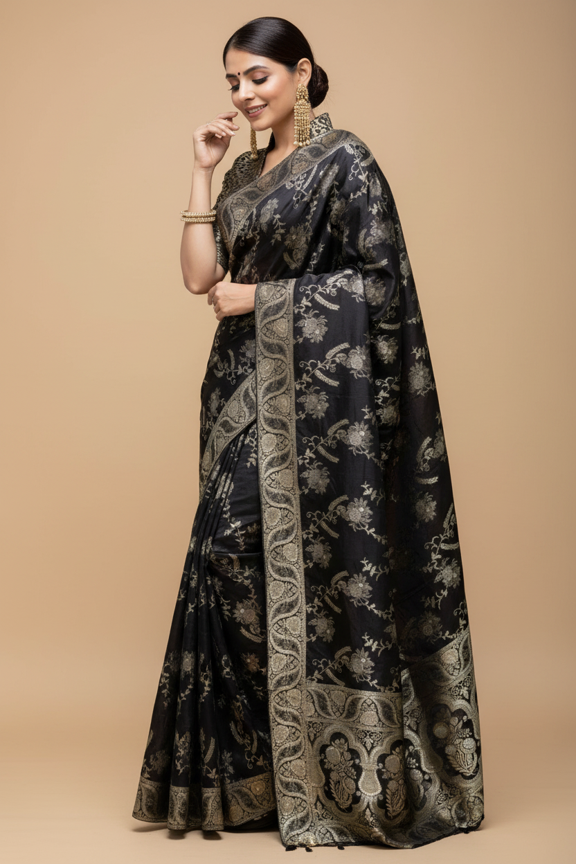 Snuggle Spot Women's Silk Printed Saree With Unstitched Blouse 5.5Mtr (Black)