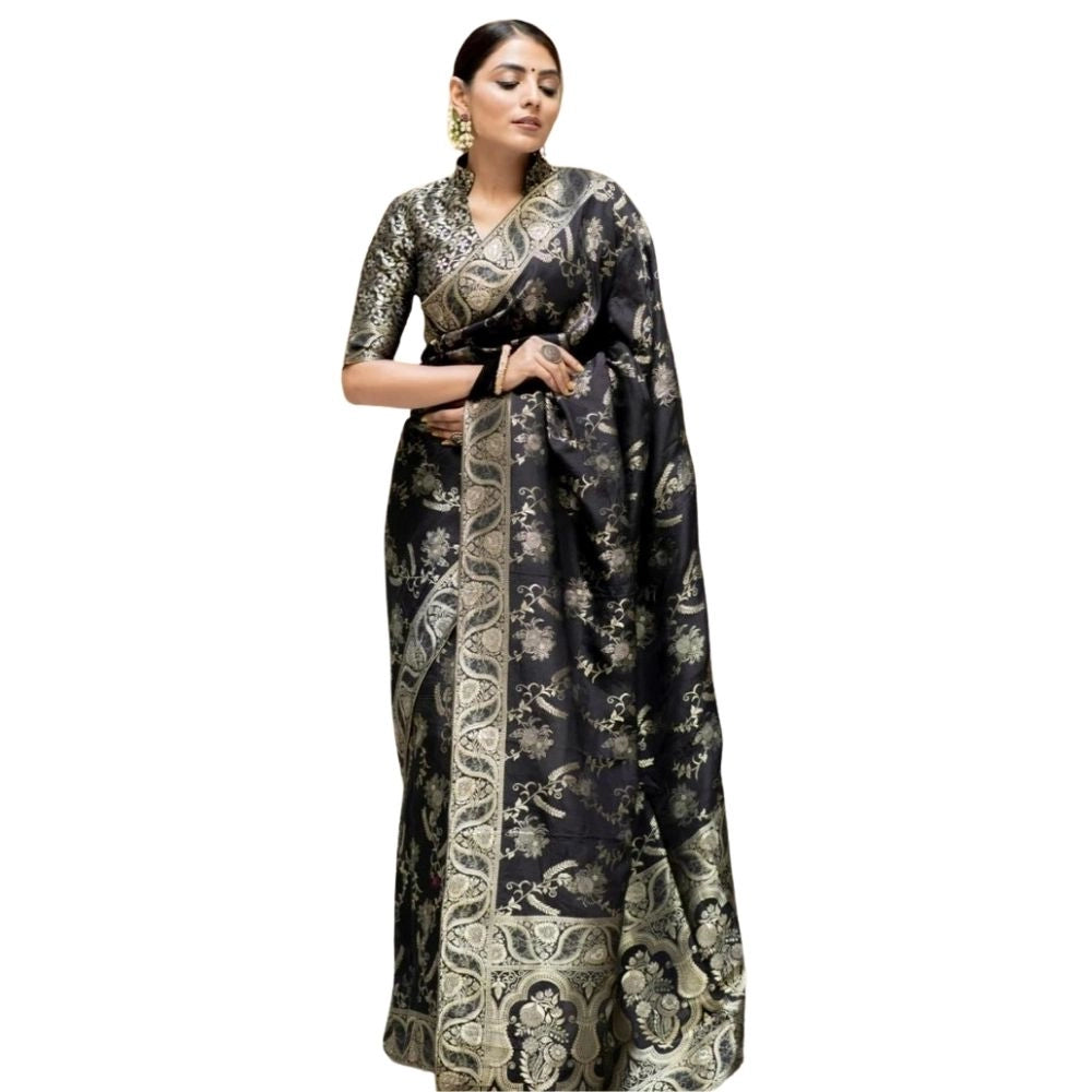 Snuggle Spot Women's Silk Printed Saree With Unstitched Blouse 5.5Mtr (Black)