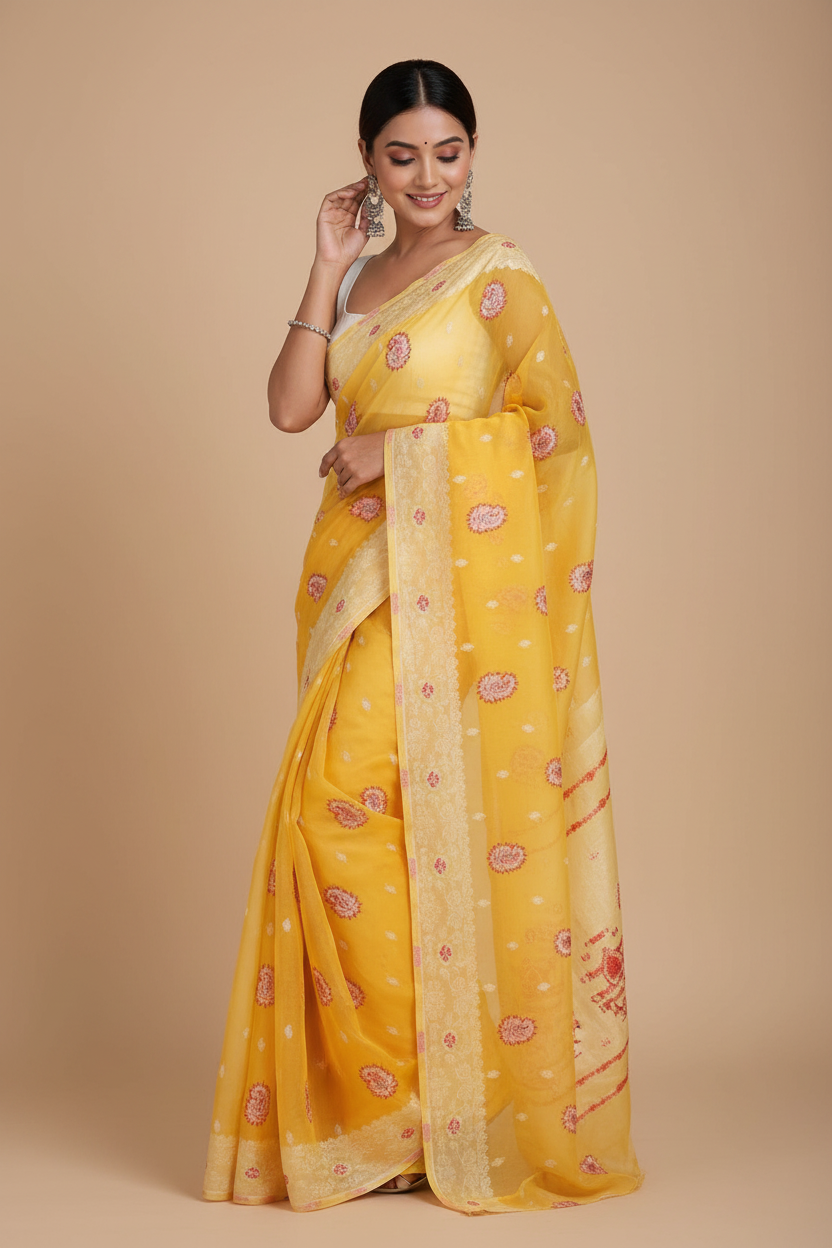 Snuggle Spot Women's Cotton  Printed Saree With Unstitched Blouse 5.5Mtr (Yellow)