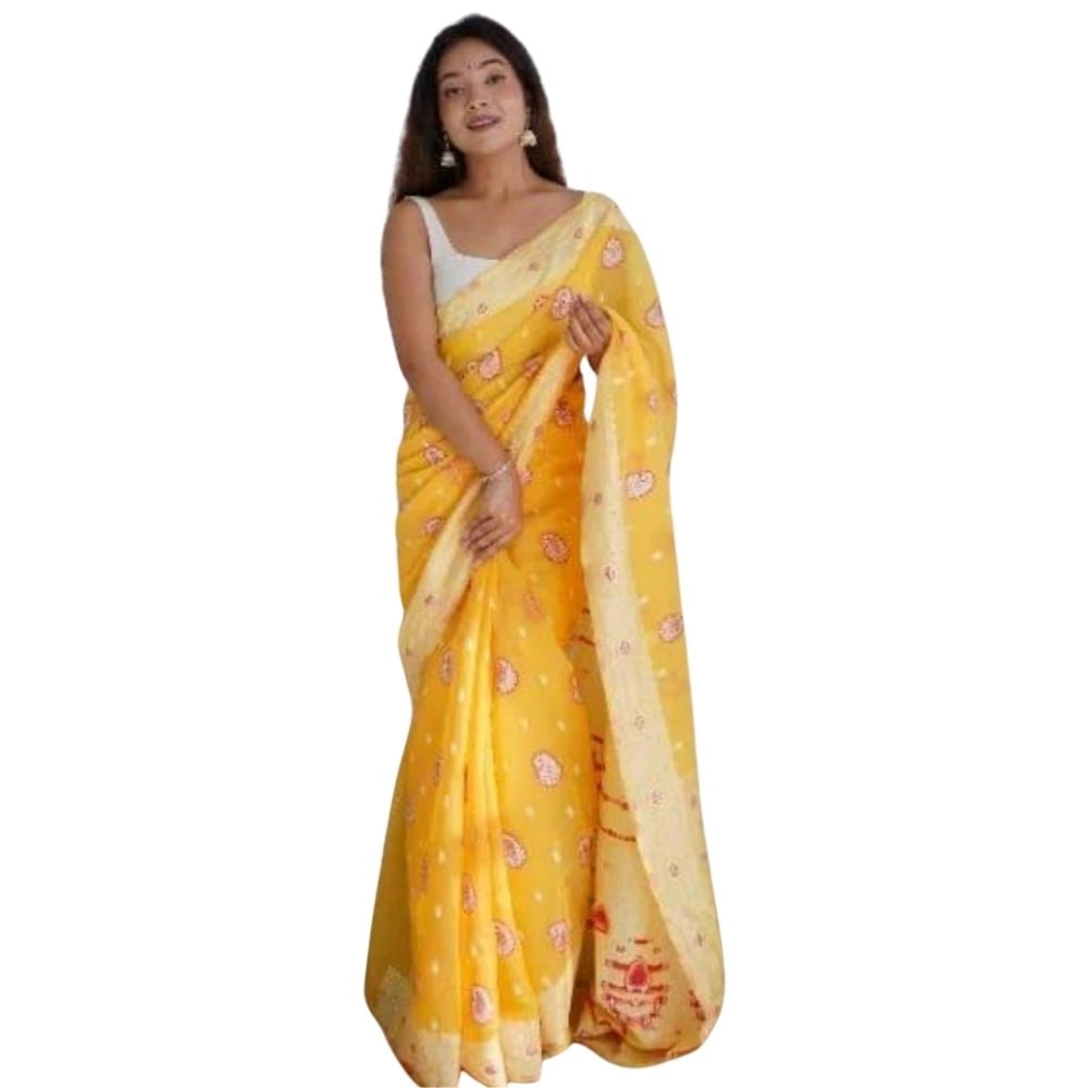 Snuggle Spot Women's Cotton  Printed Saree With Unstitched Blouse 5.5Mtr (Yellow)