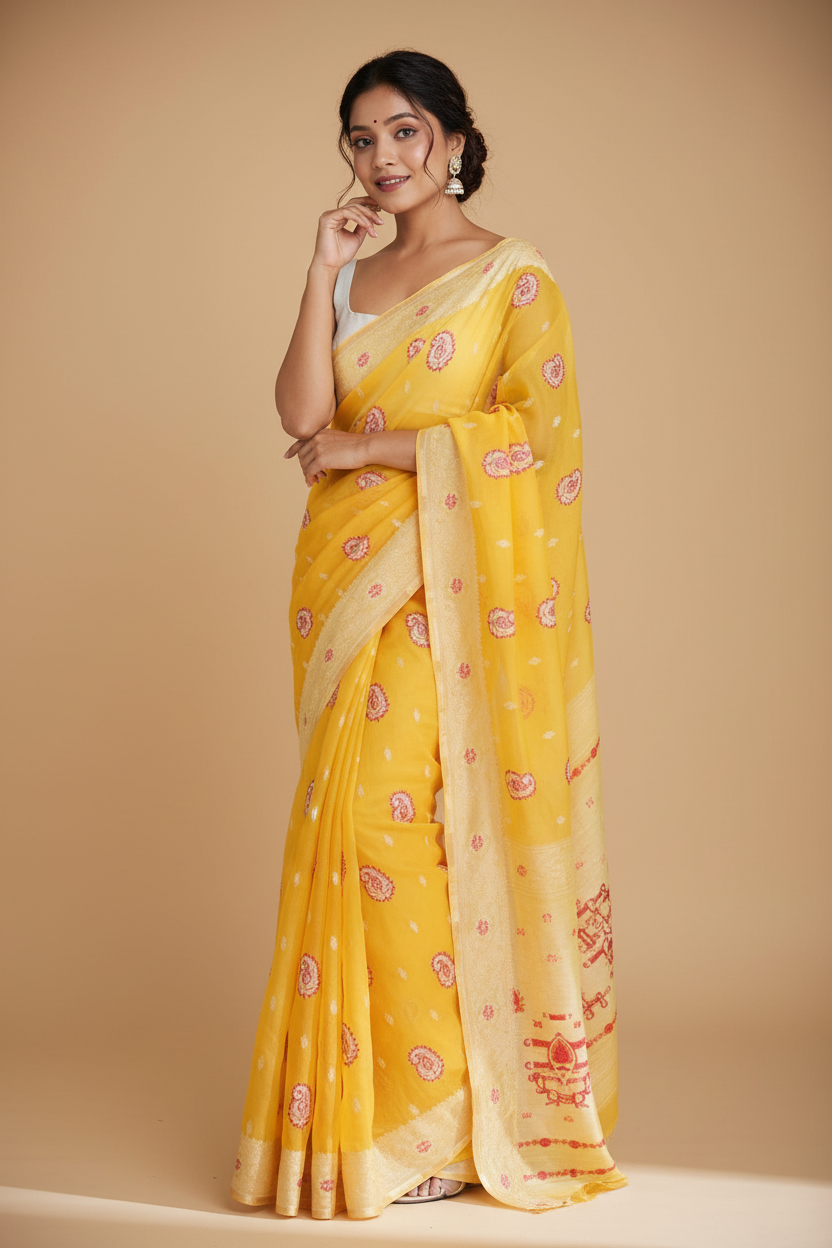 Snuggle Spot Women's Cotton  Printed Saree With Unstitched Blouse 5.5Mtr (Yellow)
