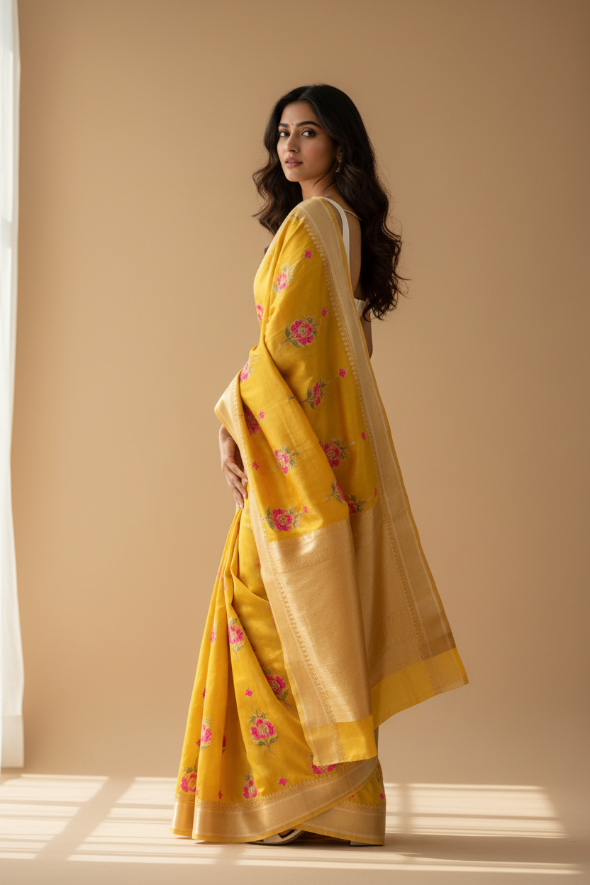 Snuggle Spot Women's Cotton  Printed Saree With Unstitched Blouse 5.5Mtr (Yellow)