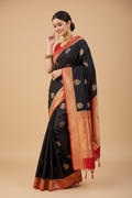 Snuggle Spot Women's Silk Printed Saree With Unstitched Blouse 5.5Mtr (Black-Red)