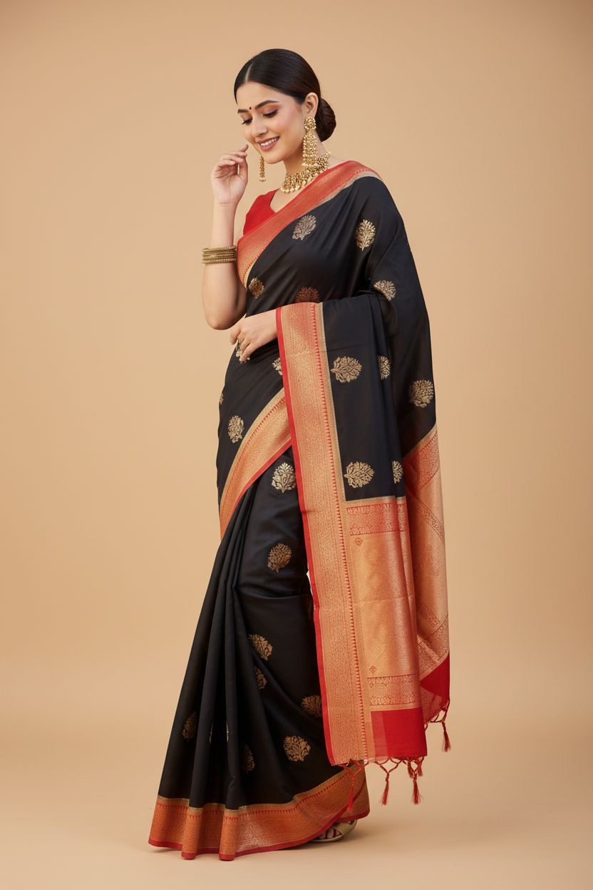 Snuggle Spot Women's Silk Printed Saree With Unstitched Blouse 5.5Mtr (Black-Red)