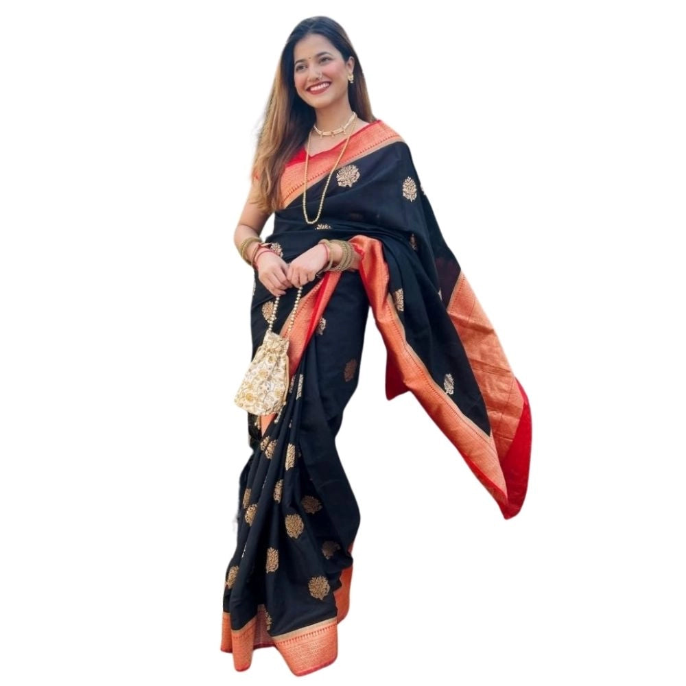 Snuggle Spot Women's Silk Printed Saree With Unstitched Blouse 5.5Mtr (Black-Red)